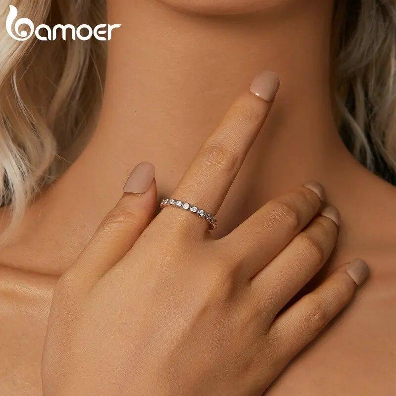 BAMOER White Gold Plated Bubble Ring for Women, 925 Sterling Silver Bezel Set Moissanite Ring Matching Full Wedding Band