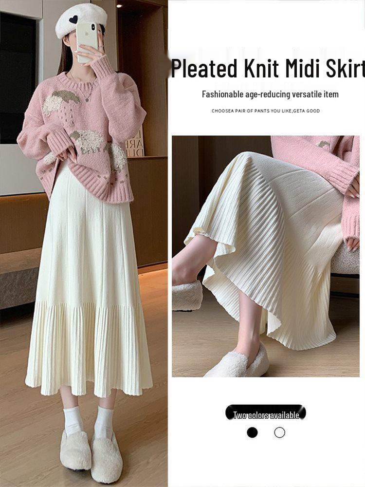 2025 New Women's High Waist Knitted A-line Pleated Midi Skirt for Autumn/Winter