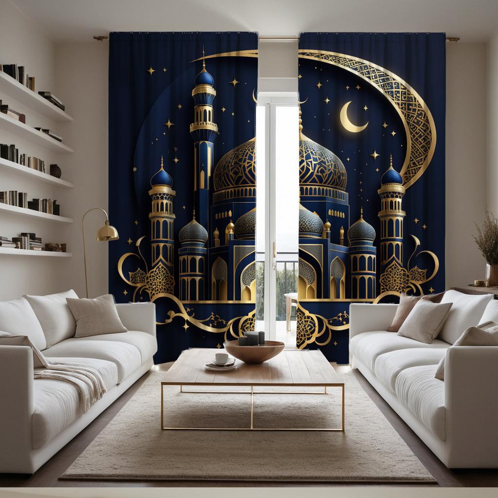 Set Of 2 Islamic Architecture Curtains Golden Star Moon Print Polyester Living Room Bedroom Light Blocking Made Area Window Treatment