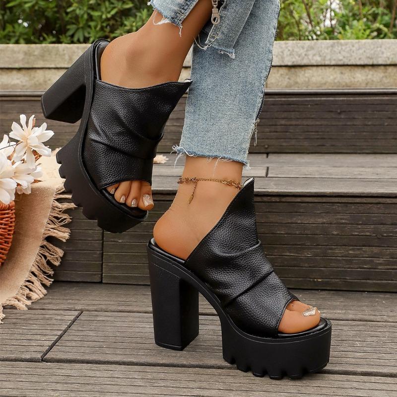 Damen Plateau-Slipper mit klobigem Absatz, Runde Zehenpartie, Einfarbige, Übergröße, Freizeit-Sandalen