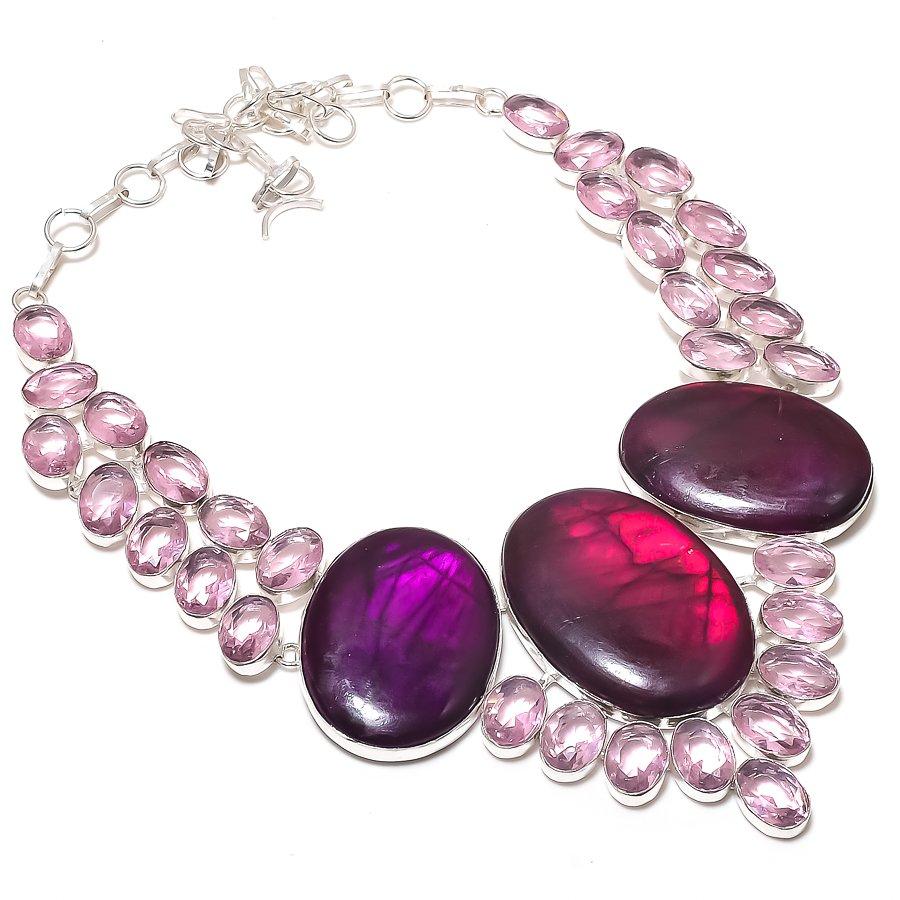 

Natural Pink Labradorite, Kunzite 925 Sterling Silver Jewelry Necklace 18 m4R79