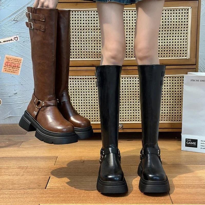 Denim Boots for Women Motorcycle Boots Retro Brown Belt Buckle Round Head High Women Boots Ladies Platform Boot Shoes for Women