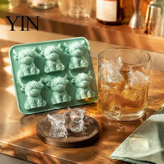 Decorative Ice Cubes for Drinks 3D Highland Cow Mold, 6 Cavity Food Grade Silicone Thickened Durable Mold Cube Tray, Non Stick Flexible Whiskey