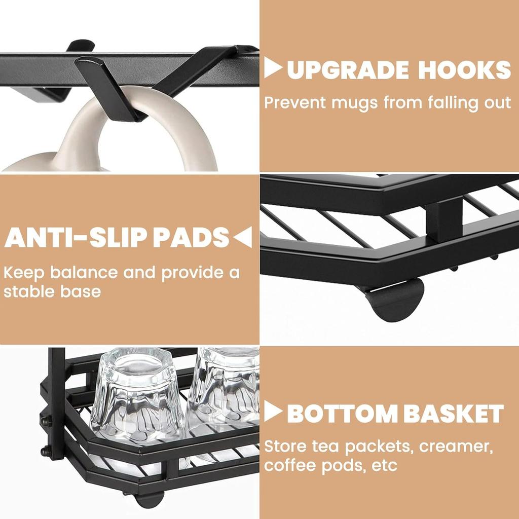FANGSUN Large Coffee Mug Holder Stand Countertop, Tree Rack for 14 Mugs, 2 Tier Counter Display Storage, Metal Wire Tea Cup Holder for Coffee Station