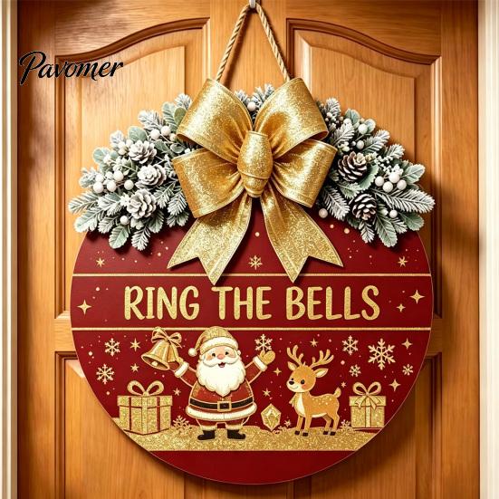 Indoor Outdoor Porch Ornament Christmas Wooden Welcome Sign for Front Door, Round Hanging with Handmade Craft Artificial Pine Branches & Bow