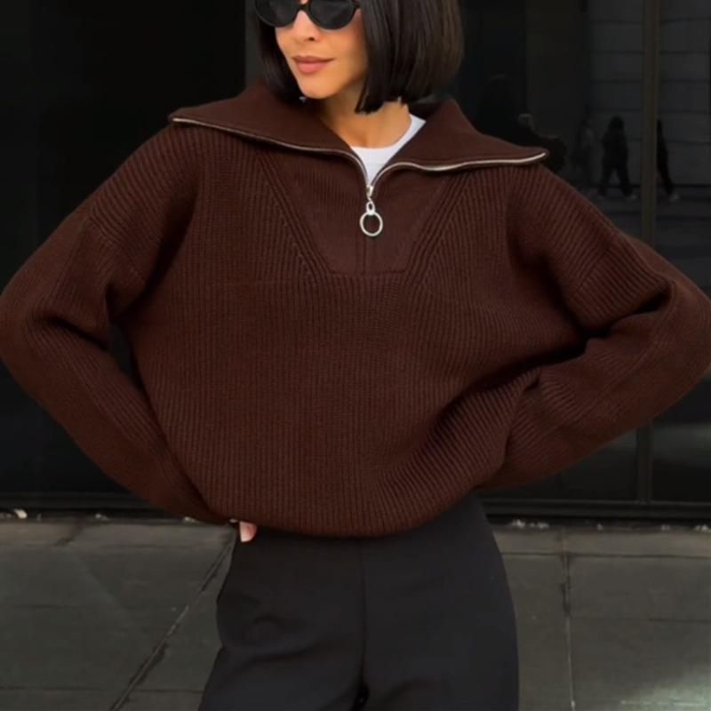 New Retro Long-sleeved Top Loose Design Lapel Zipper Pullover Knitted Sweater