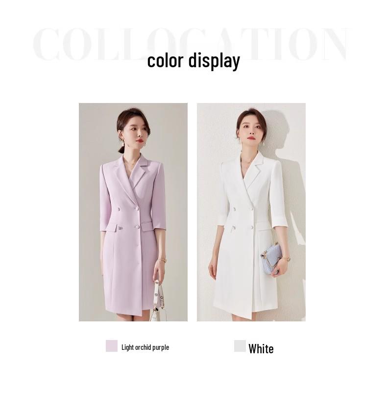 Spring/Summer White Double-Breasted Midi Dress with Suit Collar and Formal Workwear Elegance