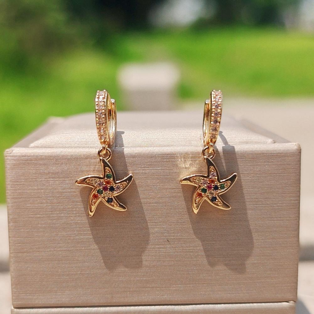 

1 пара изысканных красочных висячих сережек с цирконием и морской звездой для женщин золотого цвета, ювелирные изделия, аксессуары для вечеринок разноцветный