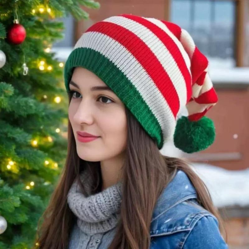 New Christmas knitted hat red and green striped hairball long tail hat Christmas hat cold and warm essential