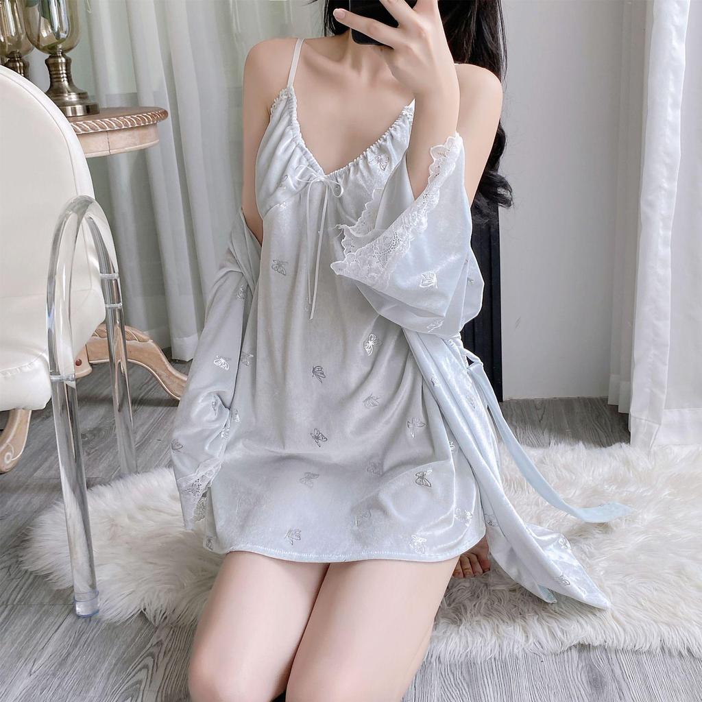 Women's Autumn/Winter Velvet Two-Piece Pajama Set - Butterfly Camisole Nightdress & Robe