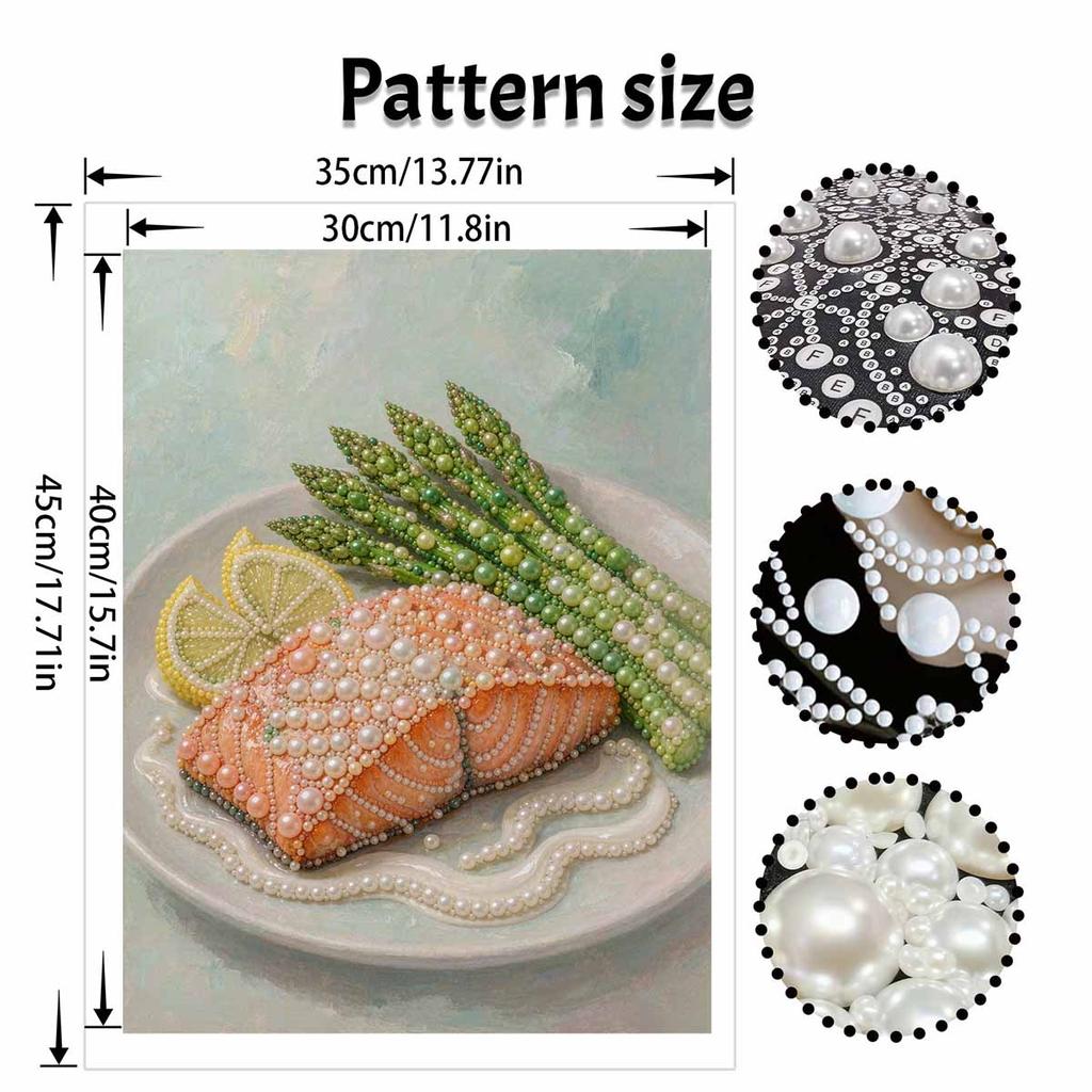 Salmon and Asparagus Food Still Life Pearl and Diamond Painting Art Kit DIY Gemstone Beading Craft Kit Home Wall Decoration