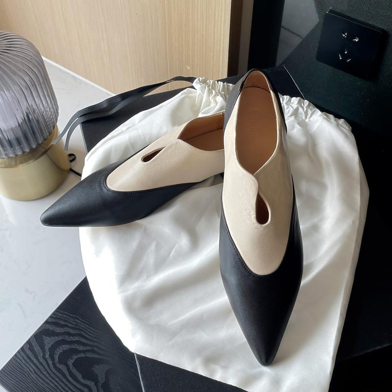 2024 Summer New Women Low Heel Pointed Toe Basic Casual Working Comfortable Flats Soft Genuine Leather Shoes Woman Concise
