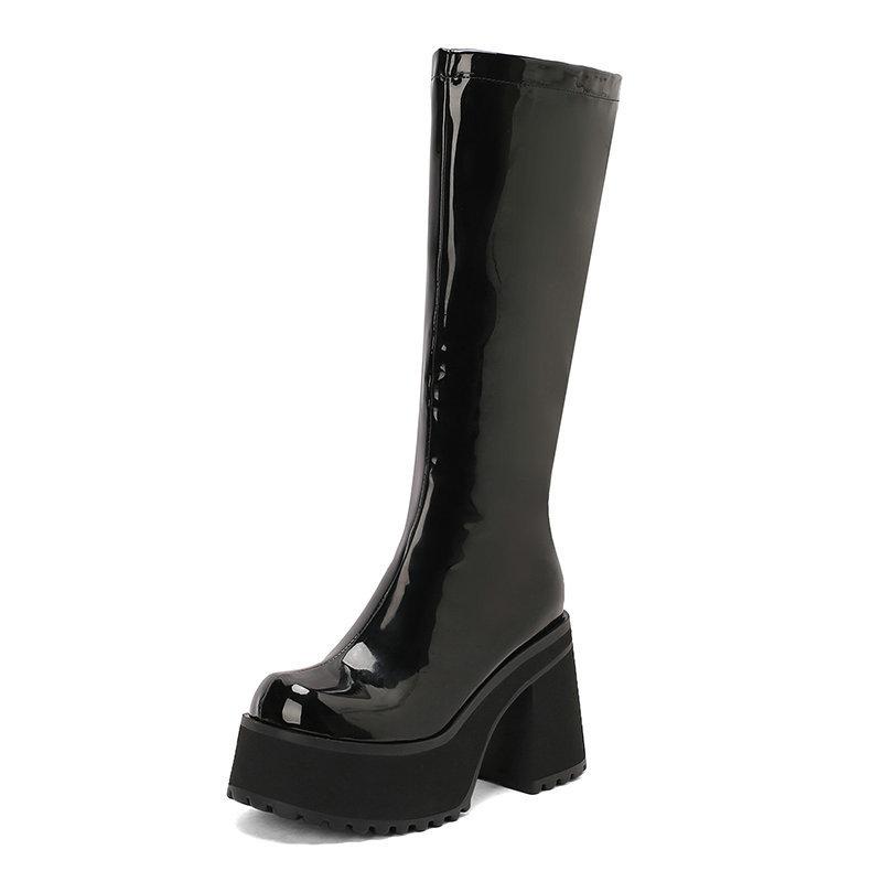  Tall Boots Patent Leather Punk Style Muffin Thick-soled Thick Heel Super High Heel Side Zipper  Knee-length Knight Boots