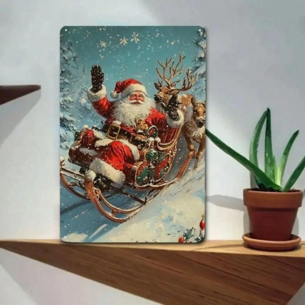 Vintage Tin Sign Santa Claus Reindeer Sleigh Wall Decor Metal Poster Christmas Home Art