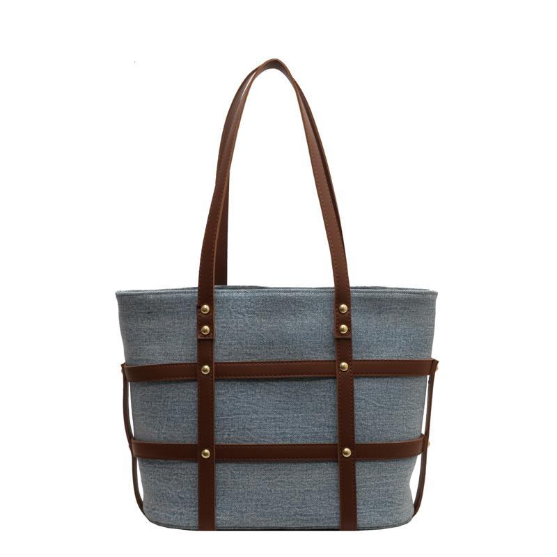 Contrast Color Denim Fabric Tote Bags Women Fashion Large Capacity Handbags Vintage Versatility Commute Shoulder Bags