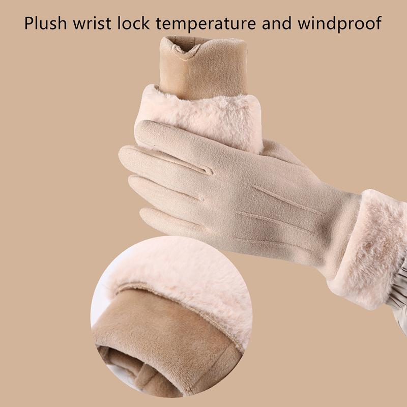 Autumn Winter Warm Suede Gloves Plus Velvet Thickened Plush Decor Cuff Gloves Outdoor Coldproof Touchscreen Riding Ski Gloves