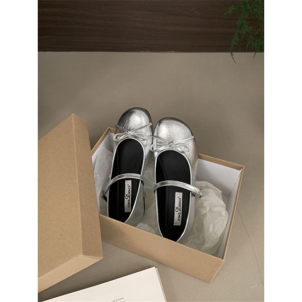 Silver Bow Word Belt Mary Jane Single Shoes Women's Shoes Spring and Autumn 2025 New Fairy Style Ballet Shoes