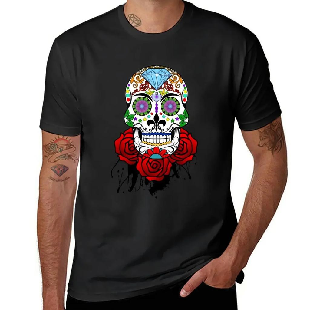 Sugar Skull and Roses T-Shirt Aesthetic Clothes Blacks Plain White T Shirts Men