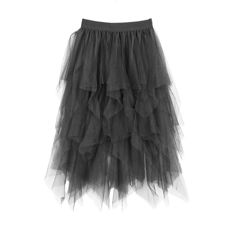 Women's High-Waisted Irregular Mesh Layered Skirt - Mid-Length Slimming Fairy Fluffy Design