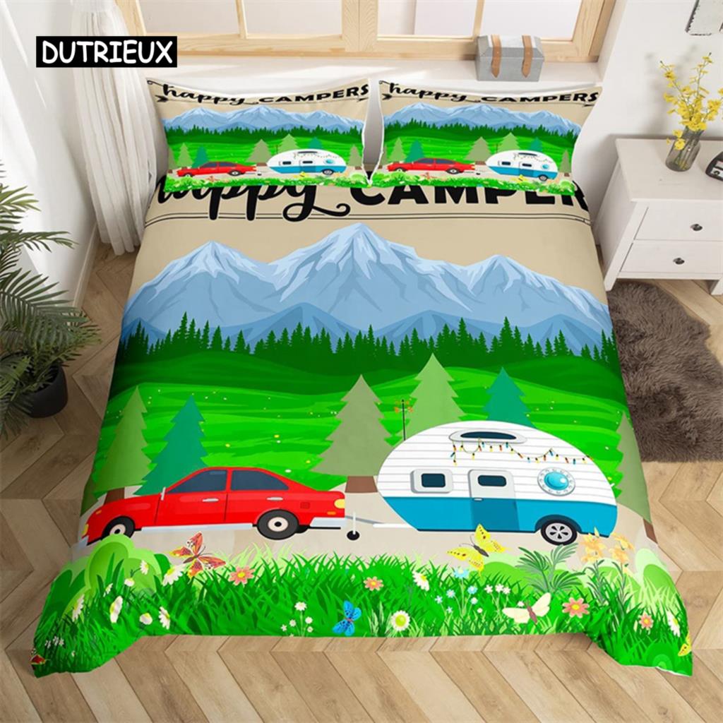 Camping Duvet Cover Microfiber Galaxy Stars Moon Happy Camping Comforter Cover Camper Truck Geometry Mountain Trees Bedding Set