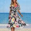 Moda Feminina de Verão Vestido Evasê Decote V Manga Curta Vestidos Florais