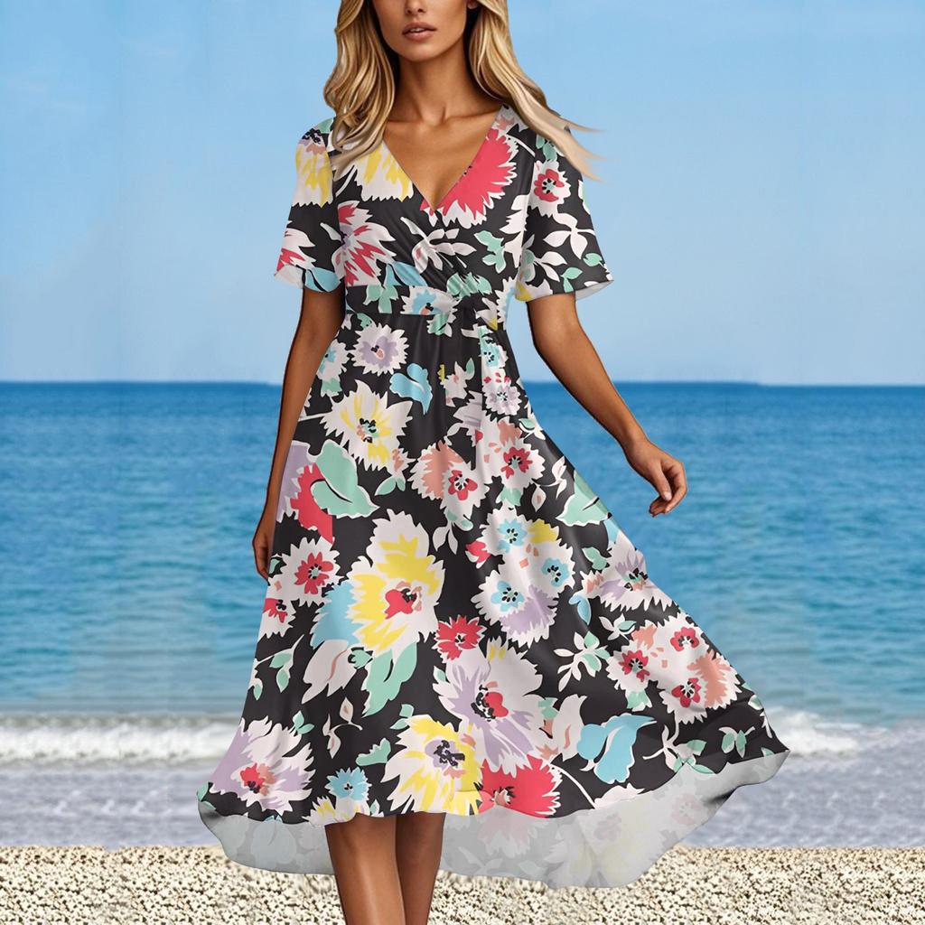 Moda Feminina de Verão Vestido Evasê Decote V Manga Curta Vestidos Florais