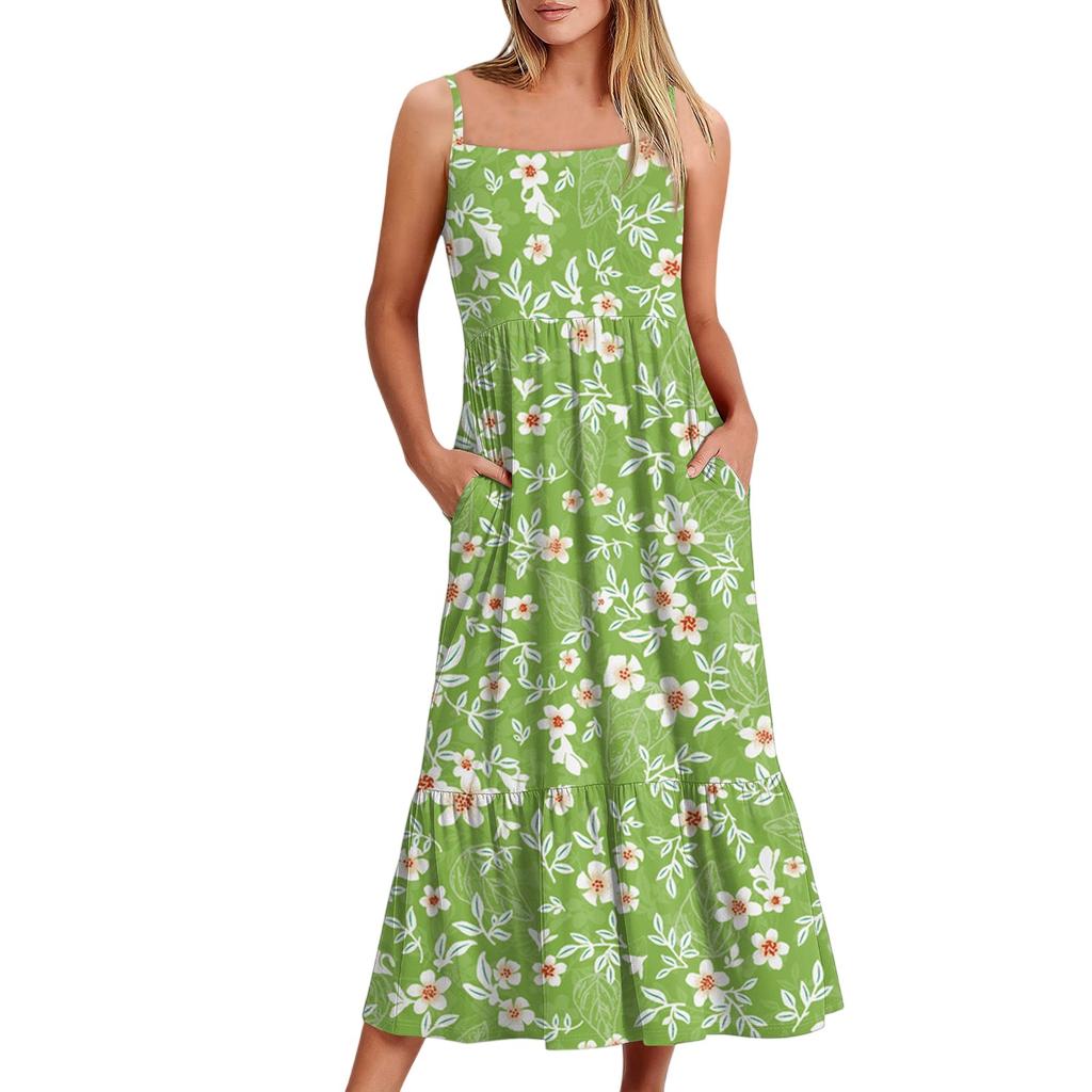 Damska Długa Plażowa Codzienna Elegancka Sukienka Maxi na Cienkich Ramiączkach, Szyta, Subtelna, Zwiewna Sukienka w Stylu Boho