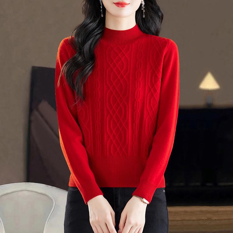 Women's Wool Half-High Collar Sweater - Winter Knit Loose Fit Base Layer