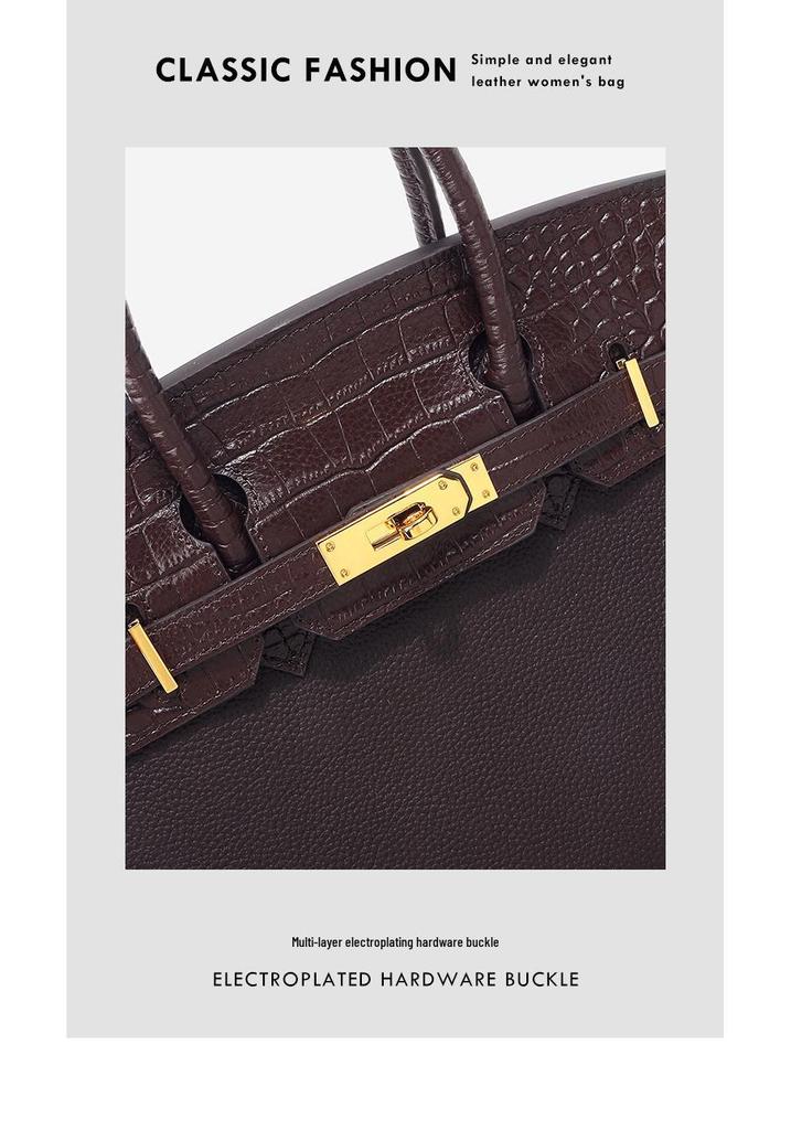 Sac à Bandoulière en Cuir de Vachette Motif Crocodile, Grand Sac à Main Rétro Style Kelly pour Femmes
