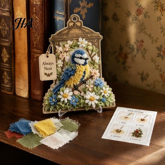 Handgemachtes Blume Vogel Handwerk 3D Stoff Stecherei Kunst-Kit, DIY Erinnerungs-Laterne Florales Einweihungsgeschenk für Naturliebhaber Und Muster, Punch Needle