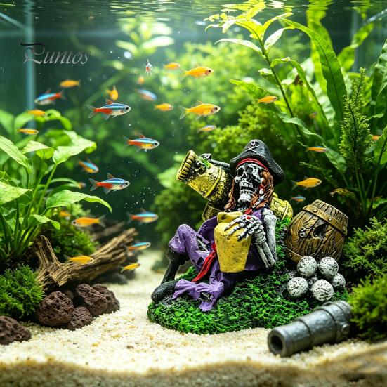 Resin Fish Ornament Pirate Skeleton Aquarium Bubbler, Underwater Tank Ornament, Air Bubbler with Hose Stone for Freshwater And Saltwater Tanks