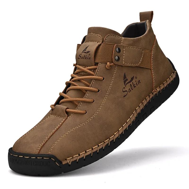 Fashion Winter New Men's Low-top Ankle Boots High Quality Hand-stitched Hook&loop Leather Casual Sneakers Classic Man Shoes Plus Size 48