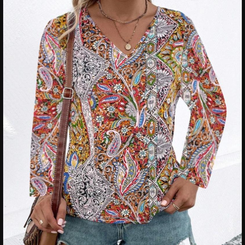 Women's Casual Sleeve Trend Printed Loose Top V-neck T-shirt