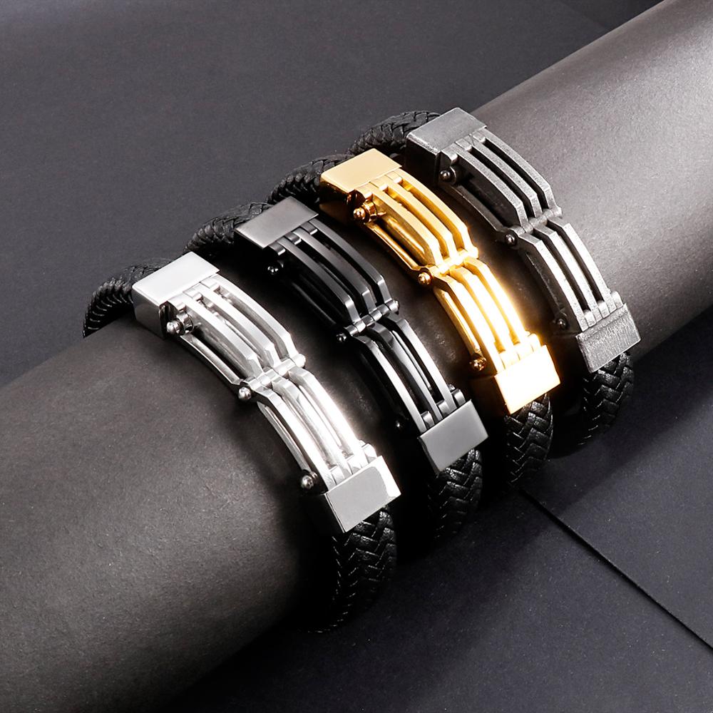 Kalen Strong Leather Men's Bracelet Stainless Steel Regular Geometric Pattern Bracelet Jewelry