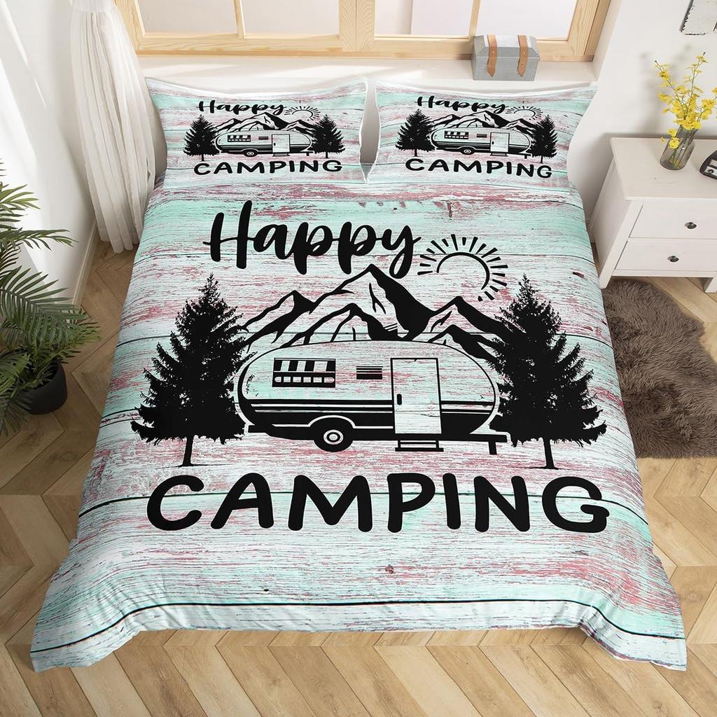Happy Camping Duvet Cover Queen Twin Rv Camping Comforter Cover Camper Bedding Set Microfiber Bedspread Cover For Boys Girls