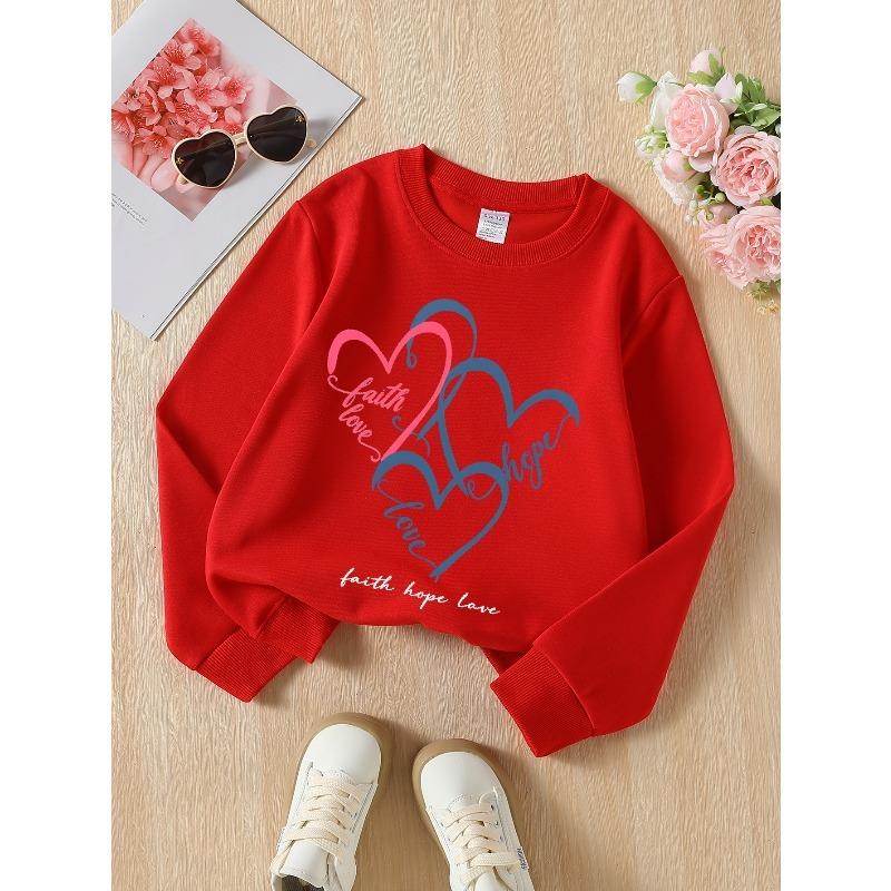 European sizes Girls Crew Neck Sweatshirt Faith Hope Love Hearts Design, Soft Cozy Pullover, Warm Casual for Autumn Winter.