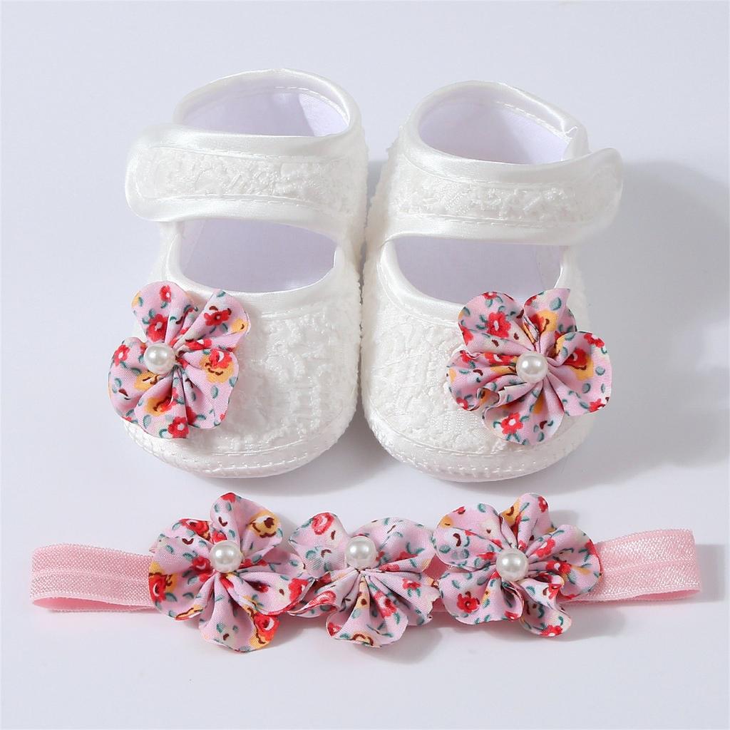 Baby-Set mit Blumenperlenschleife, Stickerei und Klebepunkten für Kleinkinder, Schuhe und Haarband