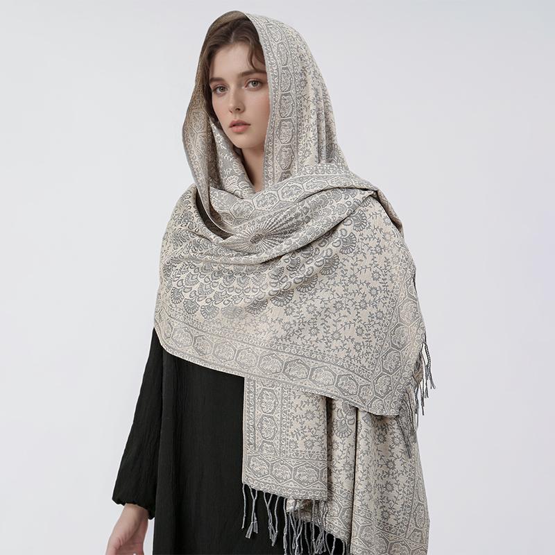 [T123] Bohemia Style Women Floral Scarf Jacquard Pashmina Hijab Tassel Shawl Autumn and Winter Warm Neckerchief Foulard