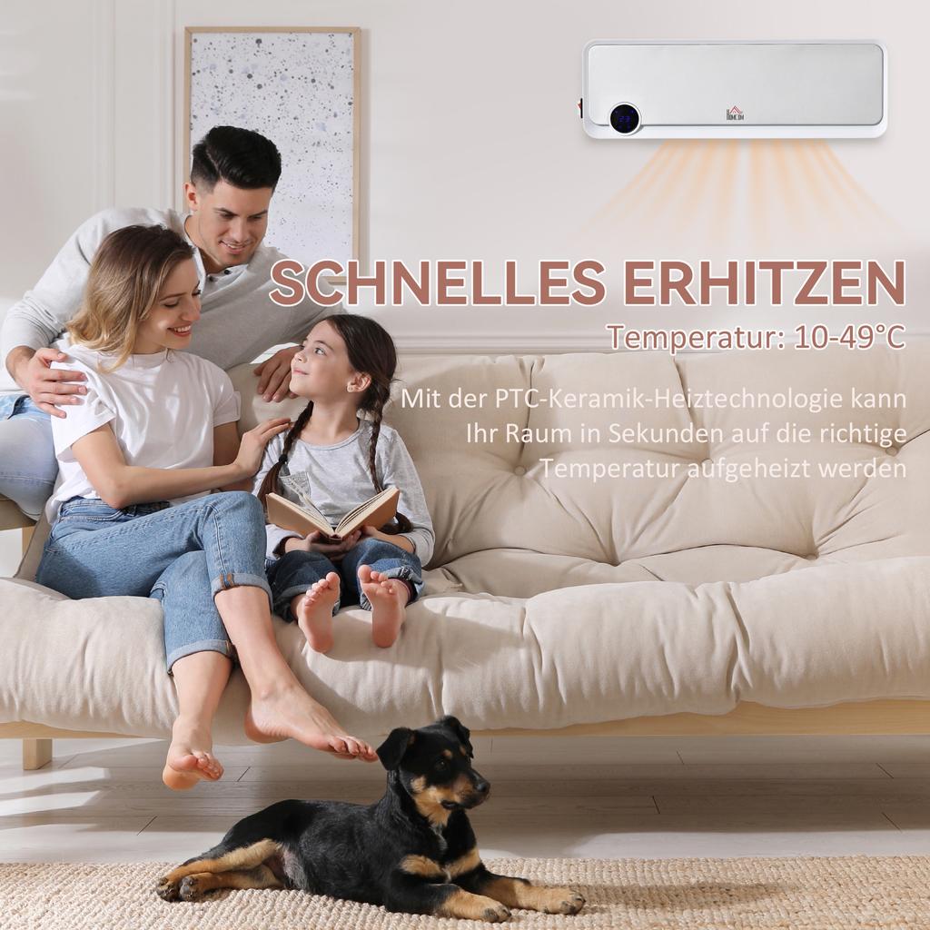 Wall-Mounted Fan Heater 2000W with Remote Control, 3 Operating Modes, LED Display 12h Timer