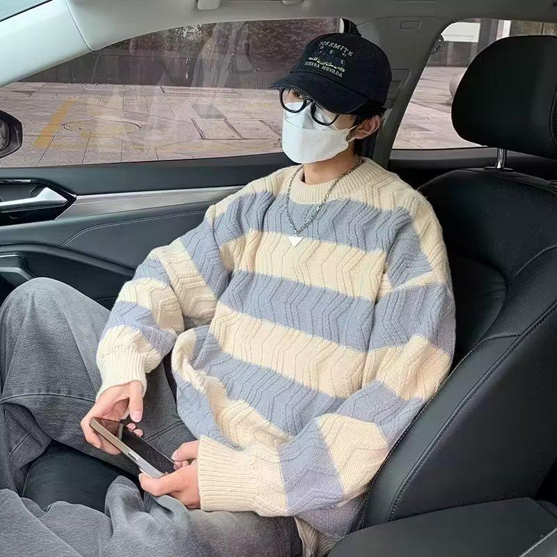 Striped Crew Neck Thickened Sweater Men's Spring and Autumn Loose Lazy Wind 2025 New Outer Wear Knitted Sweater Jacket