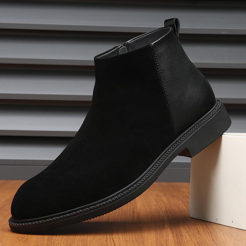 Classic Black Leather Pointed Chelsea Mid Top Boots Leather Shoes Fashionable Suede Leather Men's Autumn Comfortable Short Boots