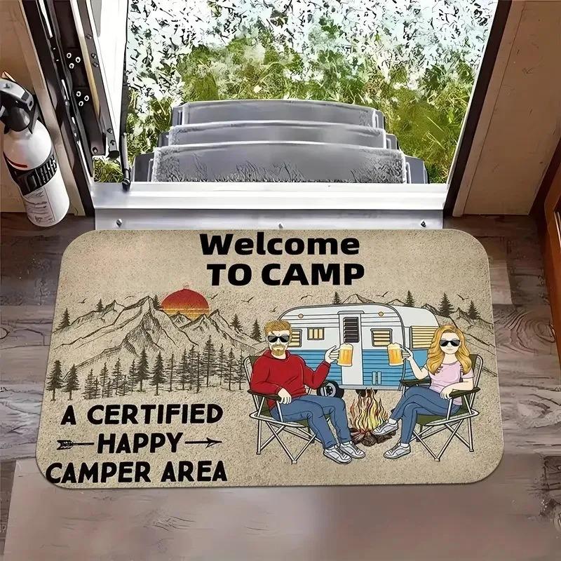 Outdoor Camping Van Welcome Mat with Cheerful Camping Van Non-slip Kitchen Bathroom Entracne Rugs Living Room Washable Carpet