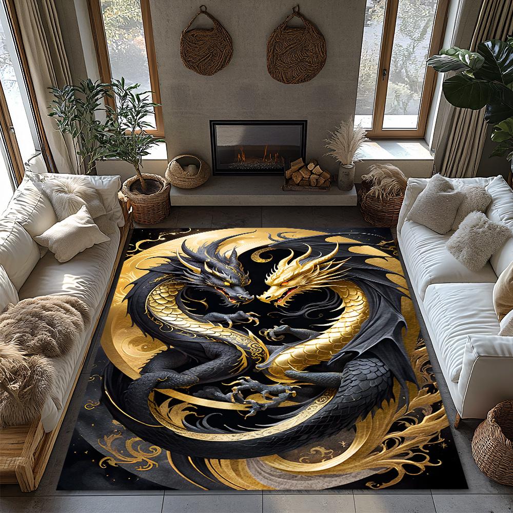 Epic Dragon Twin Rug, Black Gold Mythical Carpet for Living Room, Plush Non-Slip Sofa Mat with Oriental Legend Decor