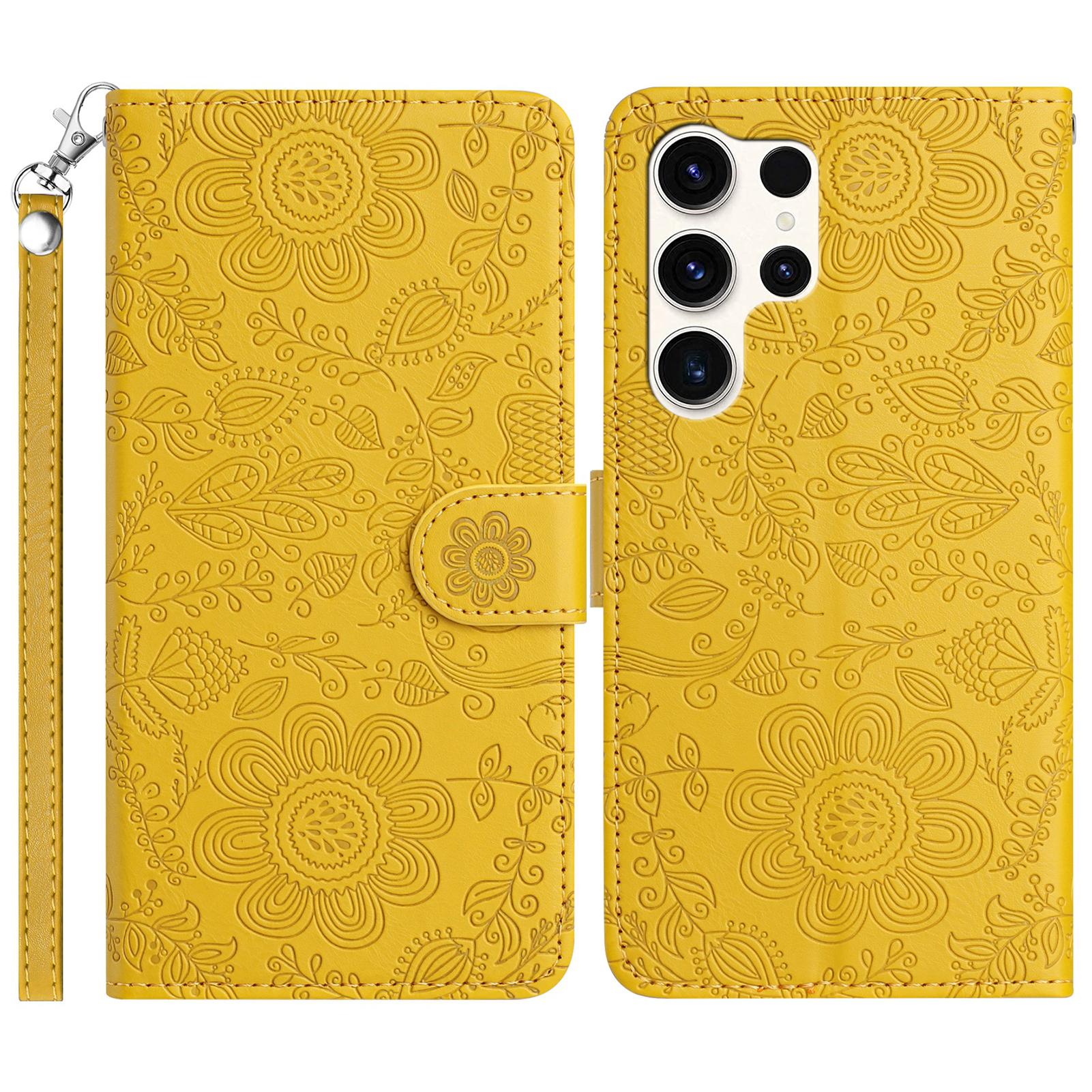 

For Samsung Galaxy S25 Ultra Case Flower Imprint Leather Flip Wallet Phone Cover with Wrist Strap Yellow