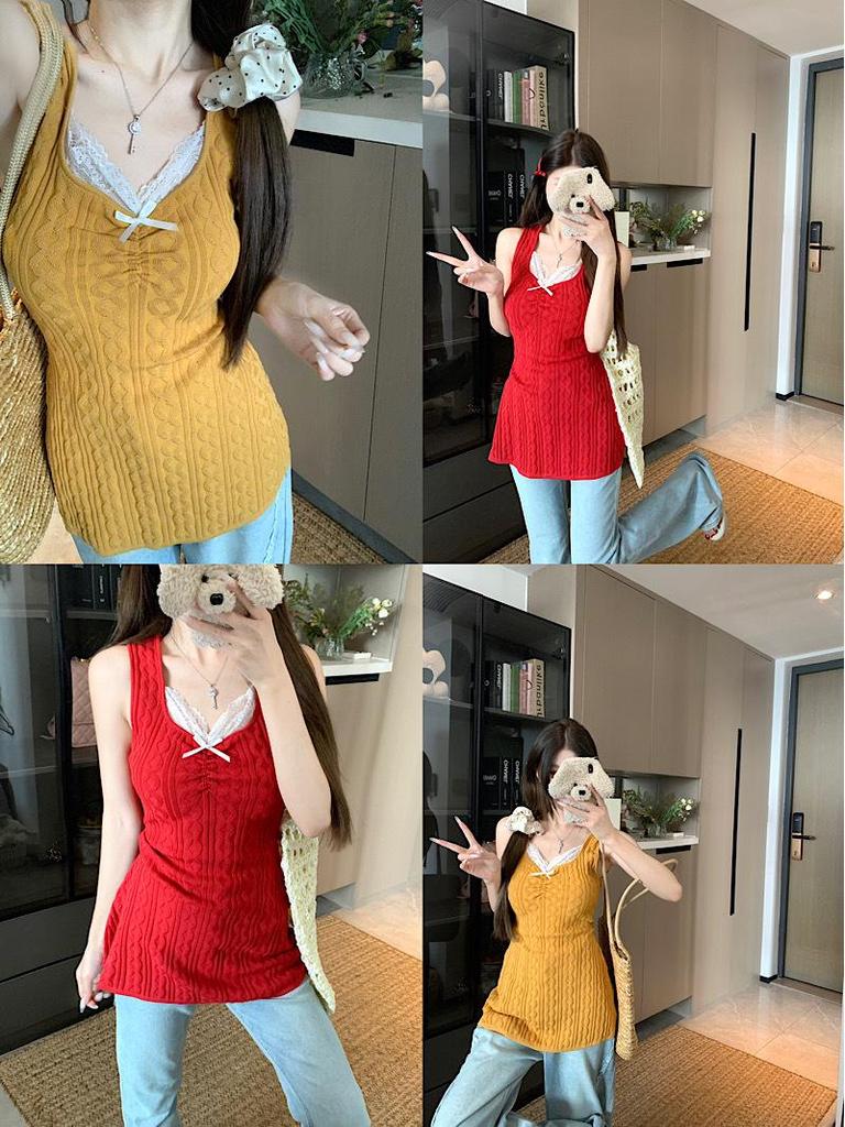 Korean Style Lace Knit Slim-Fit Vest Blouse for Women - Summer Casual Solid Color Pullover