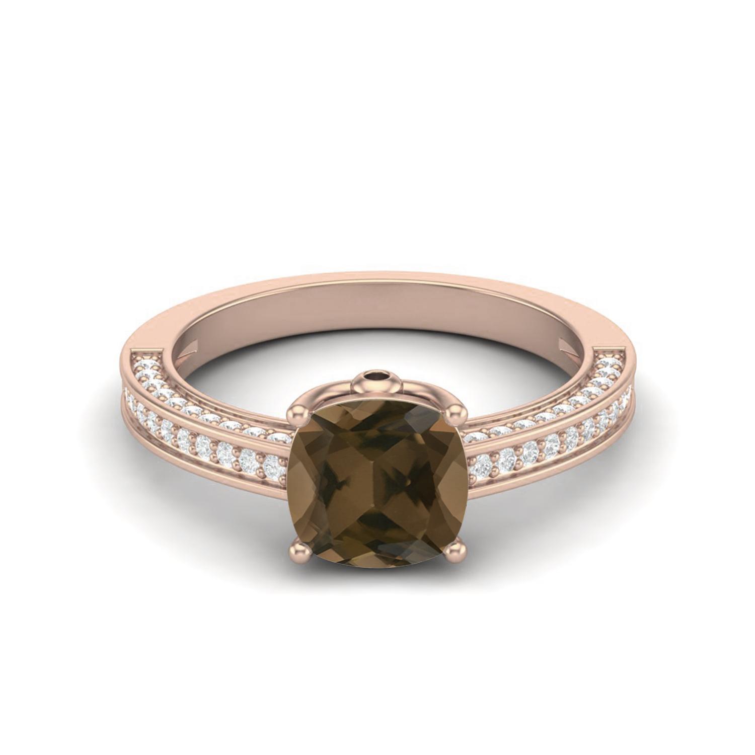 7mm Cushion Shape Smoky Quartz 925 Sterling Silver Rose Vermeil Solitaire Women Engagement Ring 8