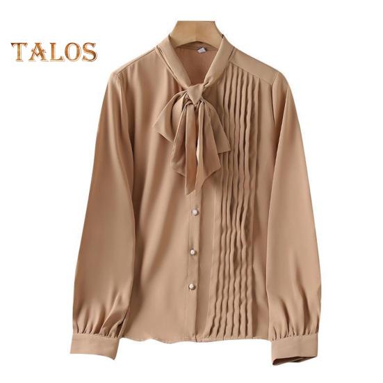 Women Shirt Stand Collar Lace-up Bowknot Long Sleeve Pleated Pullover Tops Solid Color Loose Fit Chiffon Blouse