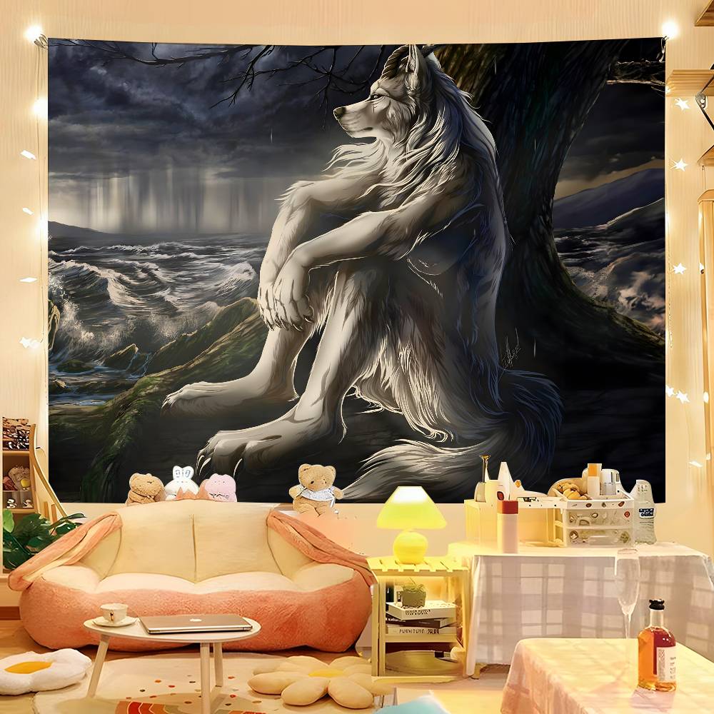 

1 шт. Эмо Белый Волк Сидит Мем Гобелен Цветной Хиппи Психоделический Спальня Общежитие Декор Эстетичный 74x94cm(29x37in)