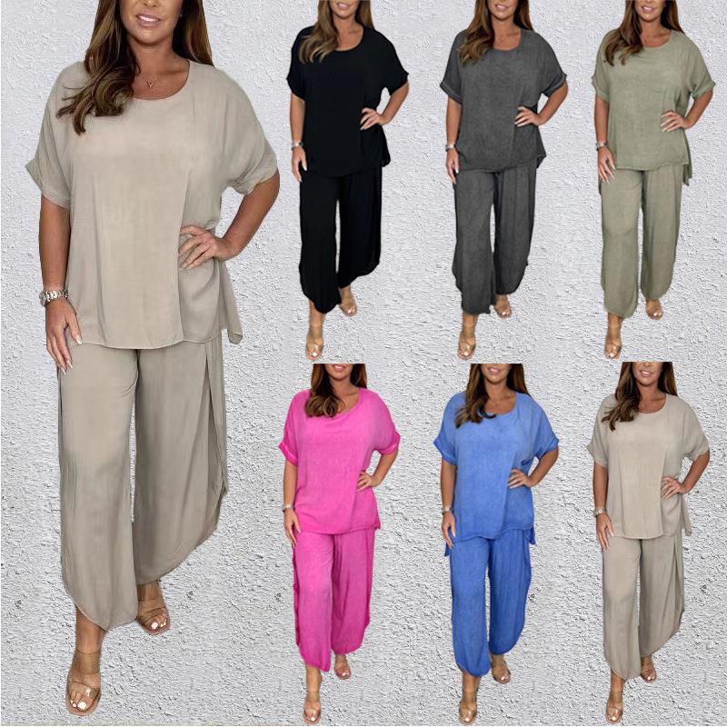 Solid Color Pant Sets Women Short Sleeves O Neck T Shirt and Loose Wide Leg Trousers Two Piece Set Fashion Casual Lady Suit