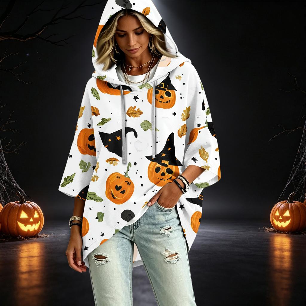 Women's Fashion 3/4 Sleeve Halloween Print Hoodie Pullover Top